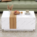 Modern 35.4 x 23.6 Inch Two-tone Coffee Table with Faux Marble and Walnut Wood Grain Finish, Rectangular Center Table with 2 Storage Drawers, Practical Cocktail Table for Living Room, White
