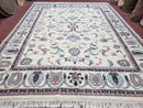 Ivory & Teal Indo Persian Area Rug 9x12, Wool Hand-Knotted Oriental Carpet, 9 x 12 Soft Traditional Living Room Rug, Dining Room Rug