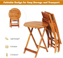Patio Bistro Set With Wood Table And Navy Cushioned Chairs