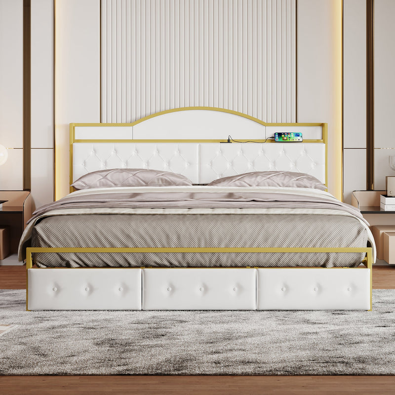 Metal Platform Bed With 3 drawers, Storage Headboard, King, Gold