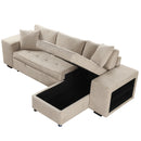 Modern L-Shape 3 Seat Reversible Sectional Couch with Pull Out Sleeper, Storage Chaise & 2 Stools, Cream, Linen Chenille