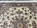Sino Persian Square Rug 5x5, Very Fine Oriental Carpet, Wool & Silk Highlights, Ivory, Hand Knotted Handmade Vintage Traditional Rug
