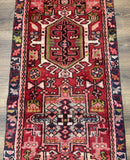 Persian Heriz Karajeh Runner Rug 2x9, Geometric Medallions, Red Navy Blue, 2 x 9 Rug for Hallway