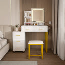 Elegant Makeup Vanity with LED Lights & Power Outlet in White, MDF with Metal Legs, Includes Chair