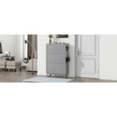 Narrow Design Shoe Cabinet with 3 Flip Drawers, Wood Grain Pattern Top Entryway Organizer with 3 Hooks, Free Standing Shoe Rack with Adjustable Panel for Hallway, Grey