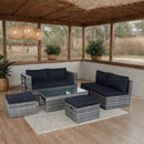 6 Piece Patio Wicker Sectional Set Patio Backyard Conversation Set Space Saving Grey Wicker + Black Cushion