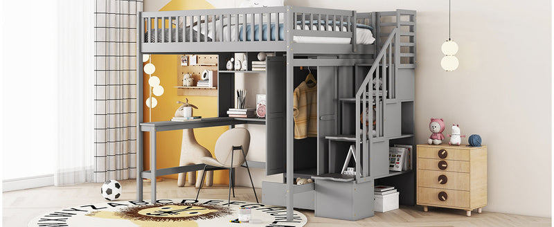 Full size Loft Bed with Bookshelf,Drawers,Desk,and Wardrobe-Gray