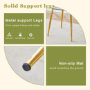 A modern minimalist style round transparent tempered glass table with gold metal legs, paired with 4 modern PU leather high-back dining chairs, bring a luxurious experience.
