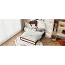 Full Size Upholstered Platform Bed with Bear Shaped Headboard, LED Light Strips, White + Brown