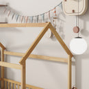 Twin Size House Floor Wooden Bed with Roof Frame,Safety Guardrails,Natural