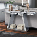 Modern Luxe Full-Body Mirror Entryway Table with Trapezoid Base, 360° Reflective Console, Scratch-Resistant, Open Storage, Silver, MDF & Glass, 55.9'