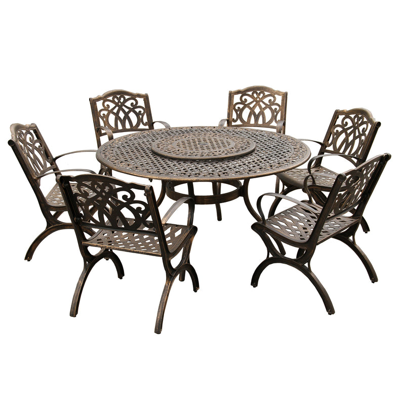 Outdoor Aluminum 7pc Round Patio Dining Set, Lazy Susan, Six Chairs