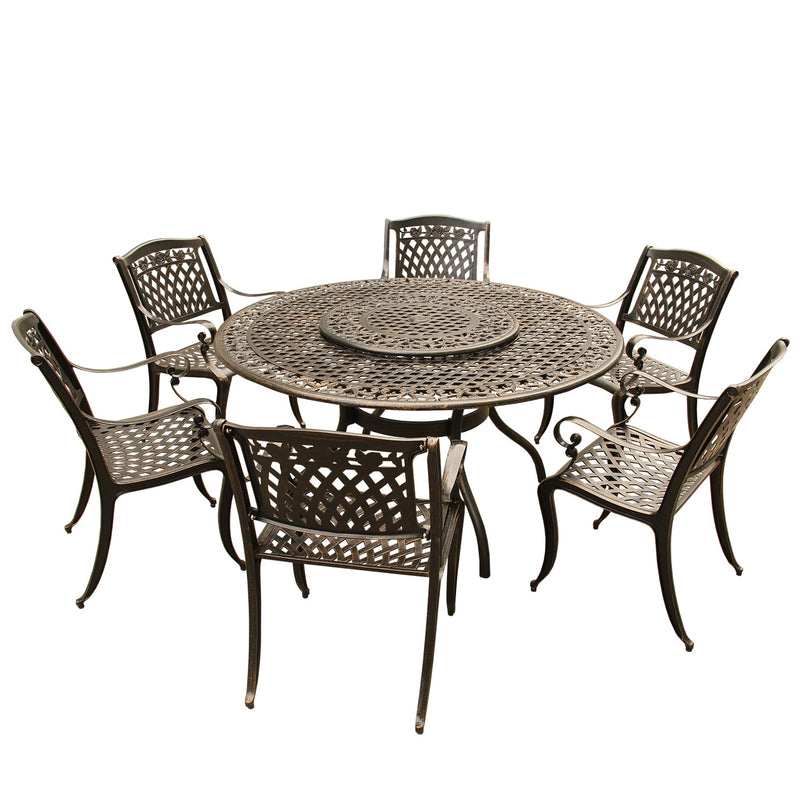 Outdoor Aluminum 7pc Round Patio Dining Set, Lazy Susan, Six Chairs