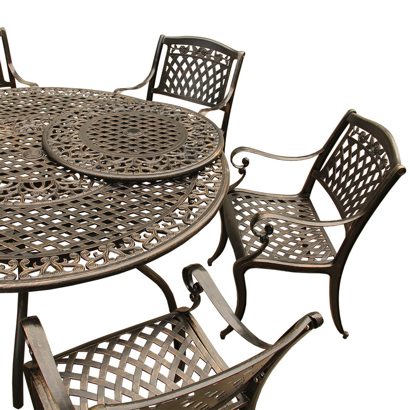 Outdoor Aluminum 7pc Round Patio Dining Set, Lazy Susan, Six Chairs