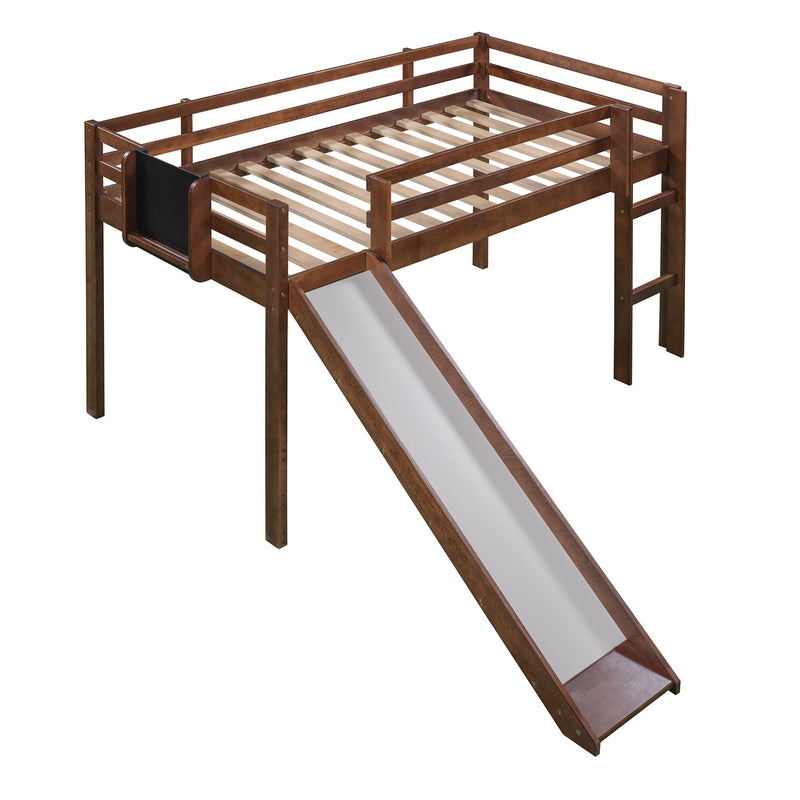 Twin size Loft Bed Wood Bed with Slide, Stair and Chalkboard,Walnut