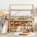 Walker Edison - Twin Size Wood House Loft bed with Slide, Storage shelves and Light, Climbing Ramp, Wood Color