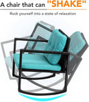 Outdoor Rattan Rockers Set With Glass Table Blue Cushions