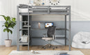Full Size Loft Bed with Multifunction Shelves and Under-bed Desk, Gray