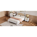3 Pieces Bedroom Set with Queen Size Wooden Bed Frame, 1 Vintage  Nightstand and 1 Makeup Vanity Set with Stool,White