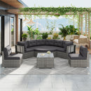 Elegant Patio Furniture Set Outdoor Daybed Rattan Sectional with Cushions and Center Table, Grey, Iron + Rattan