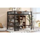 Full Size Metal Loft bed with Built-in Desk, Wardrobeand Shelves, Black(ETA:1.23)