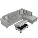 Modern Sectional Sofa with Storage Ottoman, L-Shape Couch with 2 Pillows and Cup Holders, Gray Velvet, 105 inch