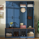 [Assembly Video Provided]  Farmhouse Hall Tree with 4 Hidden Hanging Hooks, Versatile Walnut Seating Bench with 8 Doors, Entryway Shoe Cabinet with Open Compartments for Living Room, Blue
