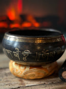 Tibetan Singing Bowl etched Om Mani Padme Hum symbols, carved on the inside