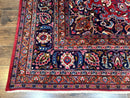 Antique Persian Mashad Rug 10x13, Red and Navy Blue, Great Colors, Signed By Masterweaver, Floral Medallion, Handmade Wool Persian Carpet
