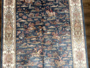 Turkish Silk Rug 5x8, Hunting Design, Animal Pictorials, Steel Blue & Ivory, Bamboo Silk