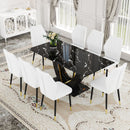 Black Marble Pattern Tempered Glass Dining Set - 71'x35.4' with 8 White PU Chairs With a Widened Backrest Design.
