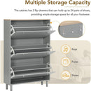 Narrow Design Shoe Cabinet with 3 Flip Drawers, Wood Grain Pattern Top Entryway Organizer with 3 Hooks, Free Standing Shoe Rack with Adjustable Panel for Hallway, Grey