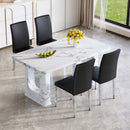 Table and chair set.64.5x35.4 Inch Stylish White Marble Textured Dining Table.Paried With 4 Black PU dining chairs, Silver Metal Legs.Simple and versatile.High Elasticity Sponge Filling.