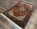 Indo Persian Heriz Rug 4x6, Rust Red Navy Blue and Cream