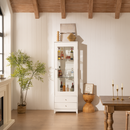Modern Upholstered Glass Display Cabinet with Adjustable LED Light in White, 71'' Tall