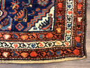 Antique Persian Hamadan Rug 4x6, Geometric, Double Medallions, Navy Blue, Tribal Carpet
