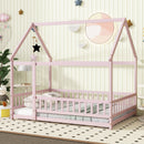 Full Size House Floor Wooden Bed with Roof Frame, Safety Guardrails,Pink