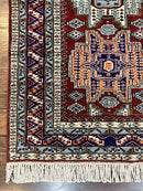 Pakistani Rug 3x5 ft, Caucasian Kazak Design, Geometric Rug, Small Vintage Oriental Carpet, Dark Red Vintage Handmade Wool Rug 3 x 5