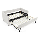 Twin Size Daybed with Trundle Upholstered Sofa Bed, with Vertical Stripes, Linen Fabric, Beige  (82.5'x43'x30')