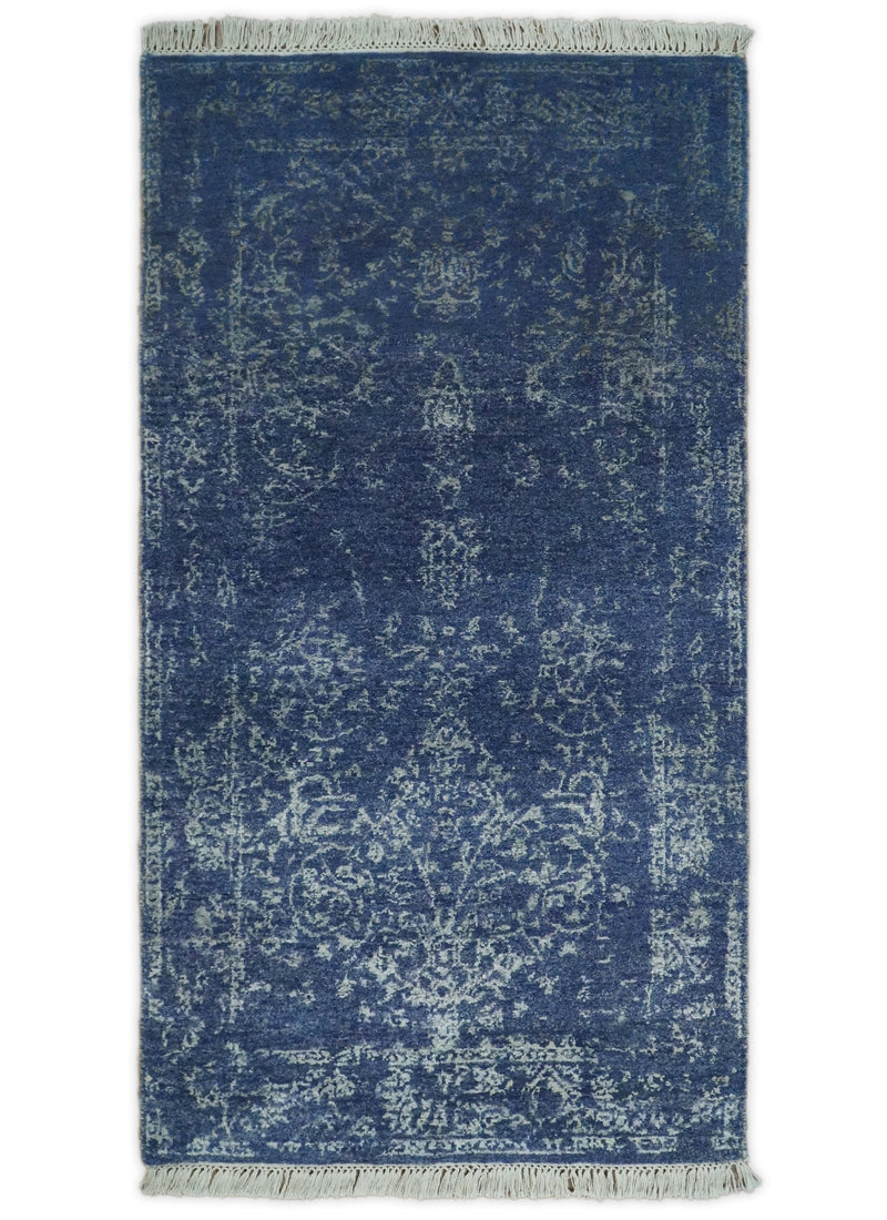 2.6x5 Fine Hand Knotted Blue and Silver Traditional Vintage Persian Style Antique Wool Rug | AGR24