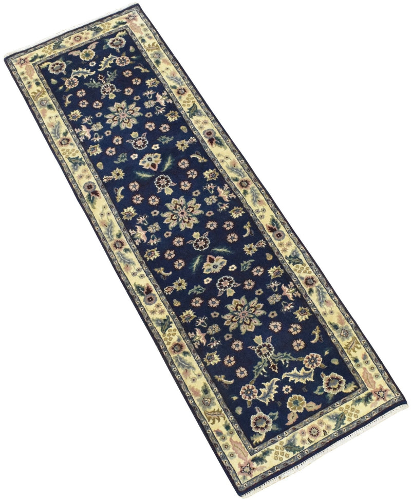 2.6x8 Blue and Beige Fine Runner Hand Knotted Area Rug | Floral Design Made with Fine Wool