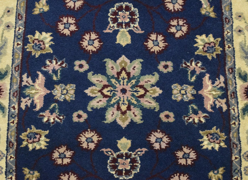 2.6x8 Blue and Beige Fine Runner Hand Knotted Area Rug | Floral Design Made with Fine Wool