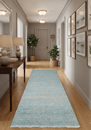 2.6x8 Fine Hand Knotted Camel and Blue Traditional Persian Style Antique Wool and Silk Rug