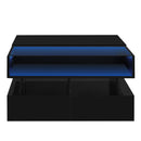 U-Can Lift-Top Coffee Table with 2 Drawers, Modern Square Coffee Table with Glass Top and High-Gloss Finish, Hidden Space and LED Lights for Living Room
