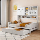 Full Size Wooden Daybed With Twin Size Trundle, and All-in-One Cabinet and Shelf, White