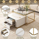 Modern 2 Pieces White Square Nesting Coffee Table with Drawers & Electroplated gold legs in 27.6"