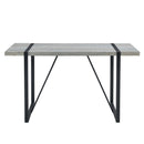 Table and chair set. Modern minimalist grey marble textured MDF dining table with metal frame. Comes with 6 chairs with PU cushions and black metal legs.