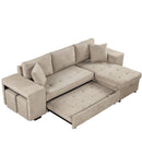 Modern L-Shape 3 Seat Reversible Sectional Couch with Pull Out Sleeper, Storage Chaise & 2 Stools, Cream, Linen Chenille