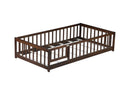 Twin Size Floor Bed with Fence and Door,Rubber Wood Floor Bed with Safety Guardrails,Espresso
