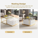 Modern 2 Pieces White Square Nesting Coffee Table with Drawers & Electroplated gold legs in 27.6"
